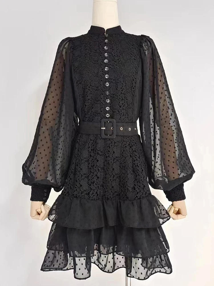 パーティードレス Lace Up Panel Black Cotton Dress Twotwinstyle Black Lace Panel Dress For Women Stand Collar