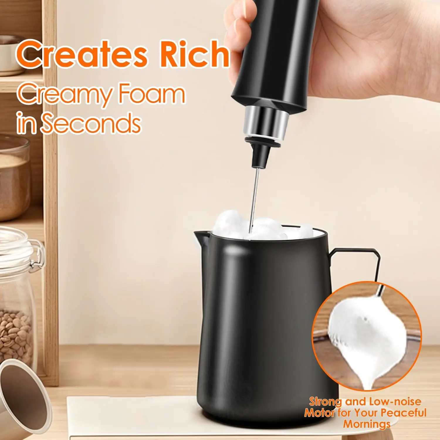 Rechargeable Milk Frother Handheld with 3 Detachable Stainless Steel Whisks, 3 Speed Adjustable Electric Whisk Foam Maker, 2