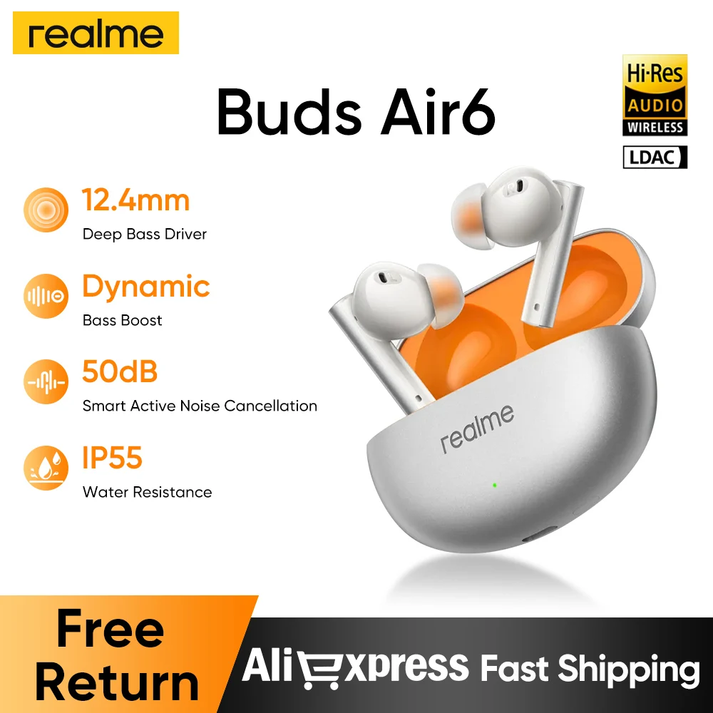 

realme Buds Air 6 Wireless Earphone 50dB Active Noise Cancelling Bluetooth 5.3 40 Hour Battery Life Headphone