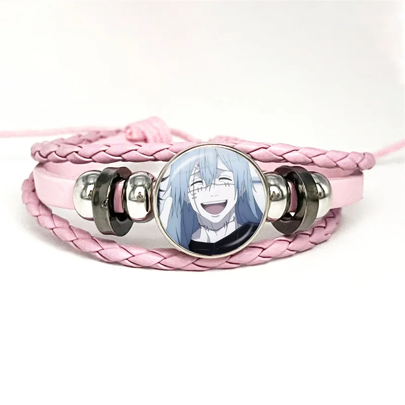 Hot Anime Jujutsu Kaisen Choso Suguru Geto Gojo Sukuna Pink Leather Bracelet Glass Cabochon Button Multilayer Bangles Wristband 2