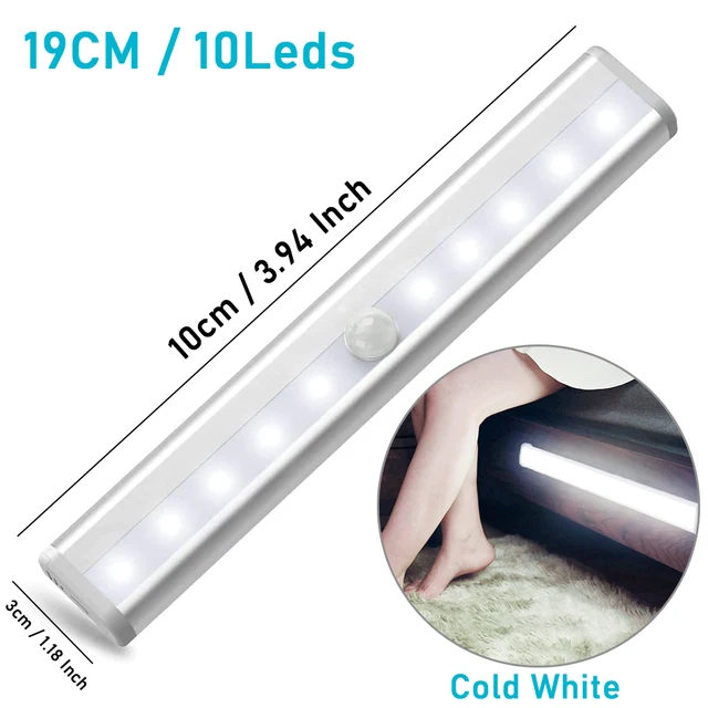 LED Under Cabinet Night Light With 6/10 LEDs PIR Motion Sensor Wireless Lamp for Closet Cupboard Wardrobe Bedroom Stairs Kitchen 19cm Cold White