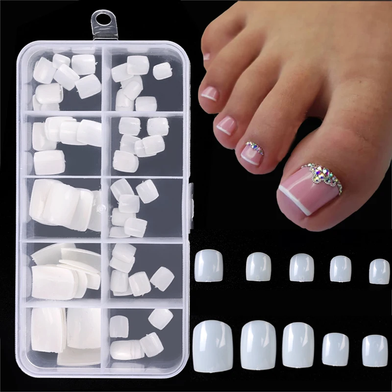 100pcs Square False Toe Nails Natural White Clear Full Cover Artificial Fake Toenail Acrylic