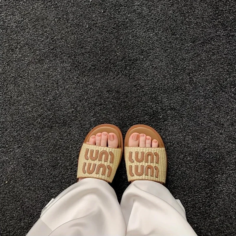 Vintage Woven Women's Sandals Fashion Letter Woven Flat Slippers Summer Vacation Beach Slides