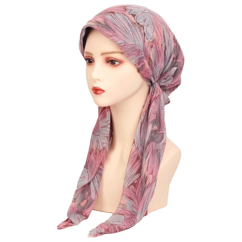 Geebro Womens Muslim Hijab Leaves Flower Print Hat Turban Cap Cover Scarf Wrap Pre-Tied Headwear Stretch Bandana 2