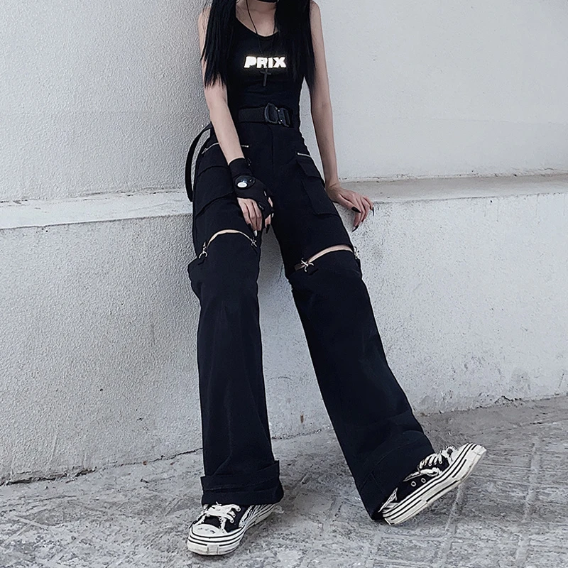 Black Overalls Women's Pants 2022 Spring High Waist Wide Leg Pants Girl Design Splicing Punk Gothic Loose Casual Pants track pants