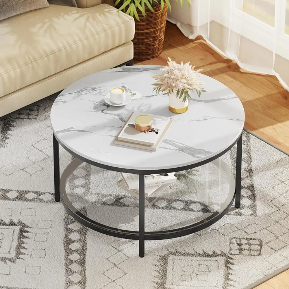 

White Marble Round Coffee Table with Glass, Black for Living Room, 2-Tier Circle Coffee Table with Storage Clear Coffee Table