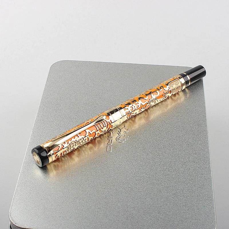 Jinhao 5000 Vintage Luxury Metal Calligraphy Fountain Pen Bent Nib Beautiful Dragon Texture Carving, Golden & Red Office Ink Pen