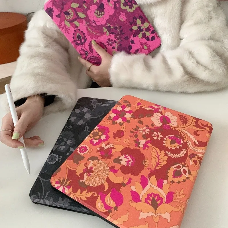 360 Rotating Vintage Boho Floral Tablet Case with Pencil Holder