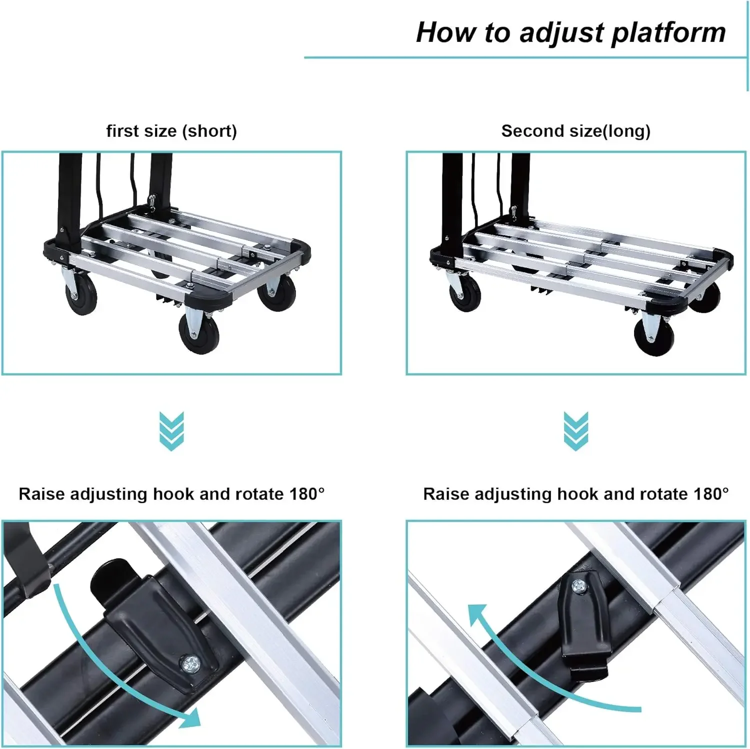 Foldable Push Cart Aluminum Alloy Platform Cart with 4-Wheel,Adjustable Length,330-LB Capacity(with 2 Ropes)