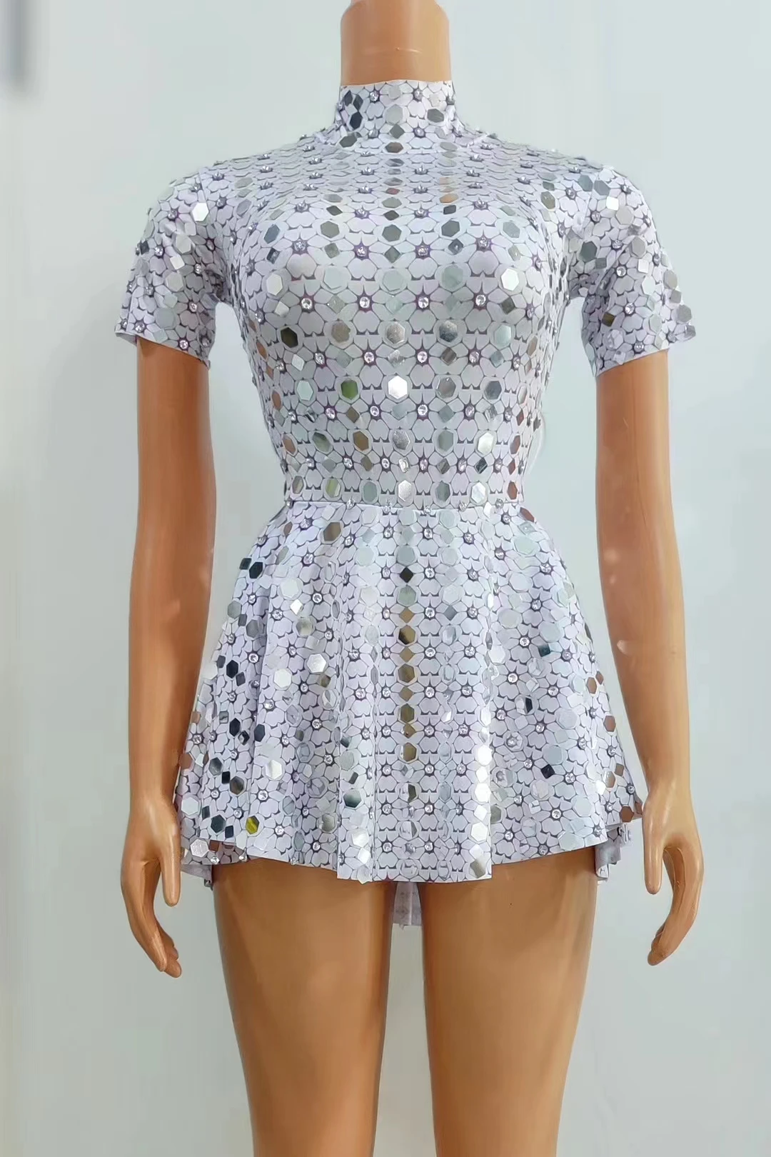 Shining Lovely Sequins Mini Dress CostumeCelebrate Rhinestone Bodysuit Birthday SilverDresses Sexy Nightclub Leotard  A469