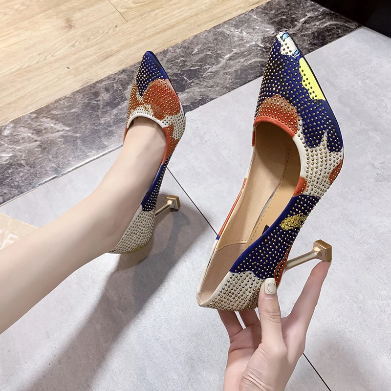 Fashion mixed-color Fretwork Pumps Women Autumn Party Wedding High Heels Shoes Woman Sexy Footwear New 2022