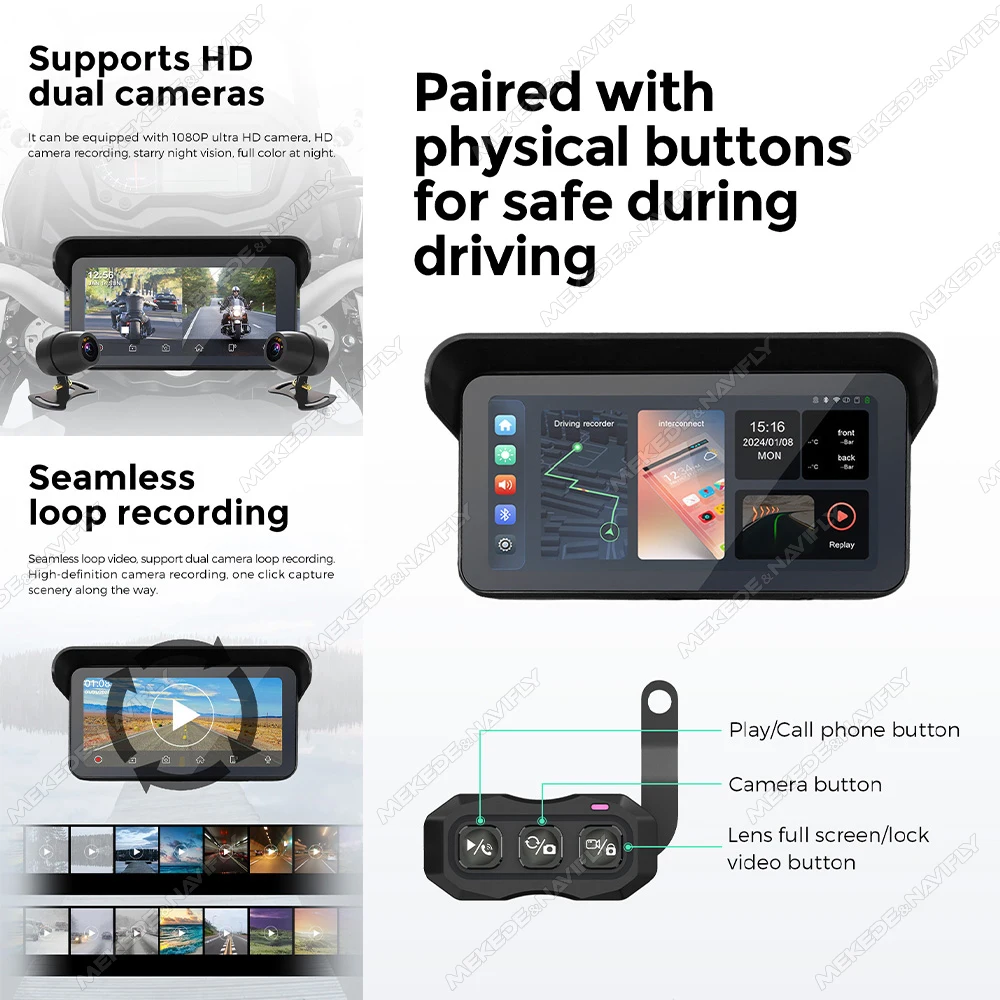 6.25inch GPS Navigation Motorcycle IP67 Waterproof Portable Wireless Car-play Android Auto Multimedia Player Dual 1080P DVR WIFI