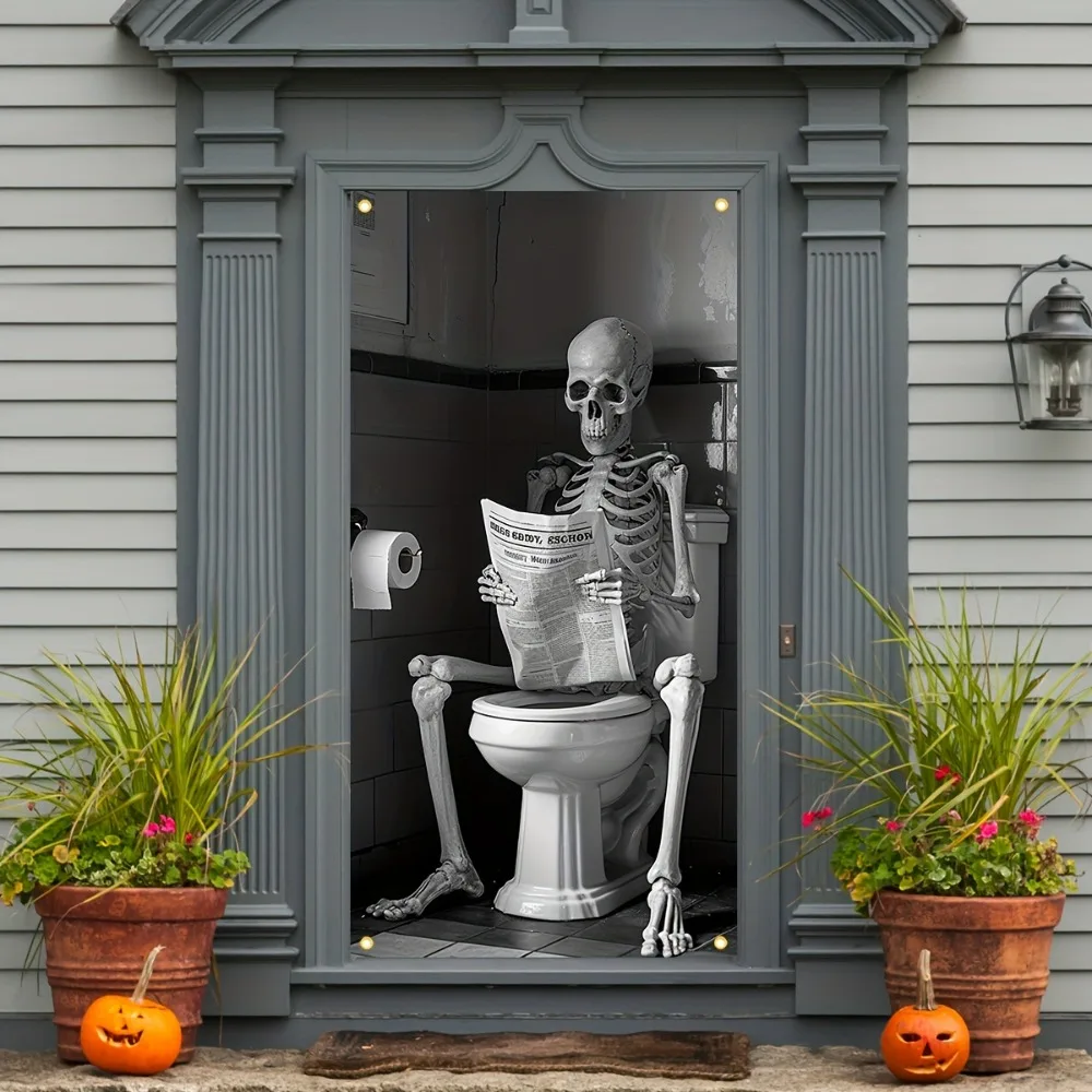 Scary Halloween skeleton door cover Scary porch humor skeleton Read newspaper banner party decorations halloween skeleton decorations