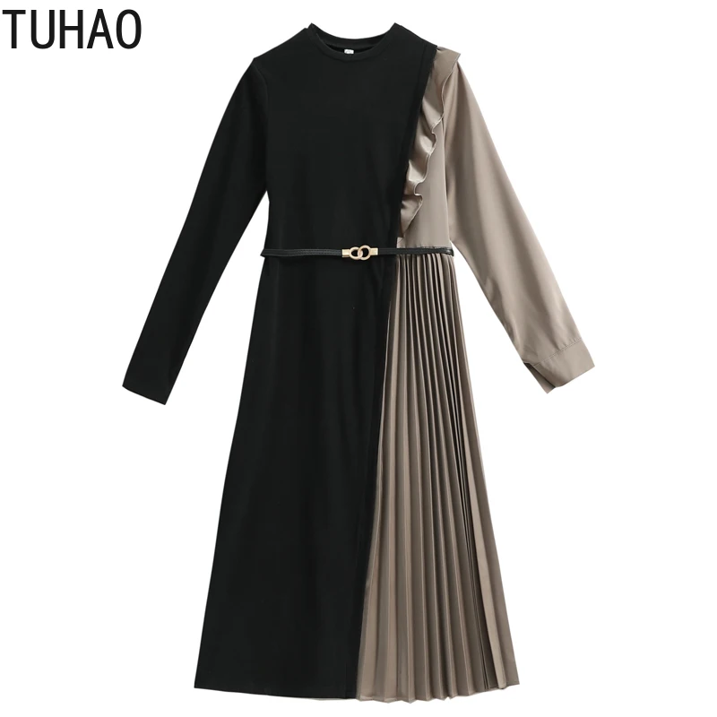 

TUHAO Office Lady Elegant Dresses Elegant Pleated Casual Midi Dress Black 2022 Autumn WINTER Ladies Christmas Evening Outfits