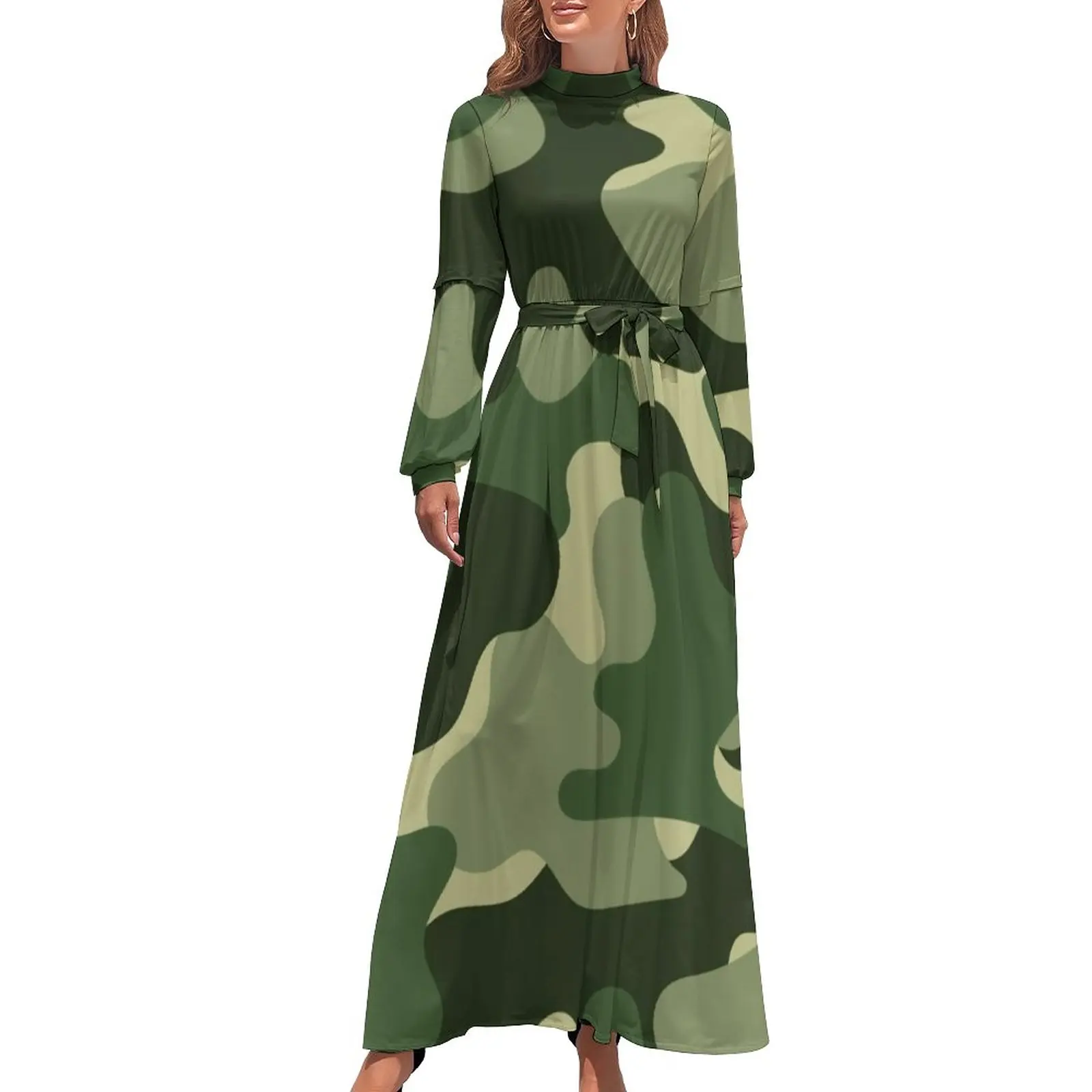 

Green Camo Dress High Waist Camouflage Print Graphic Bohemia Dresses Long-Sleeve Aesthetic Long Maxi Dress Kawaii Clothes