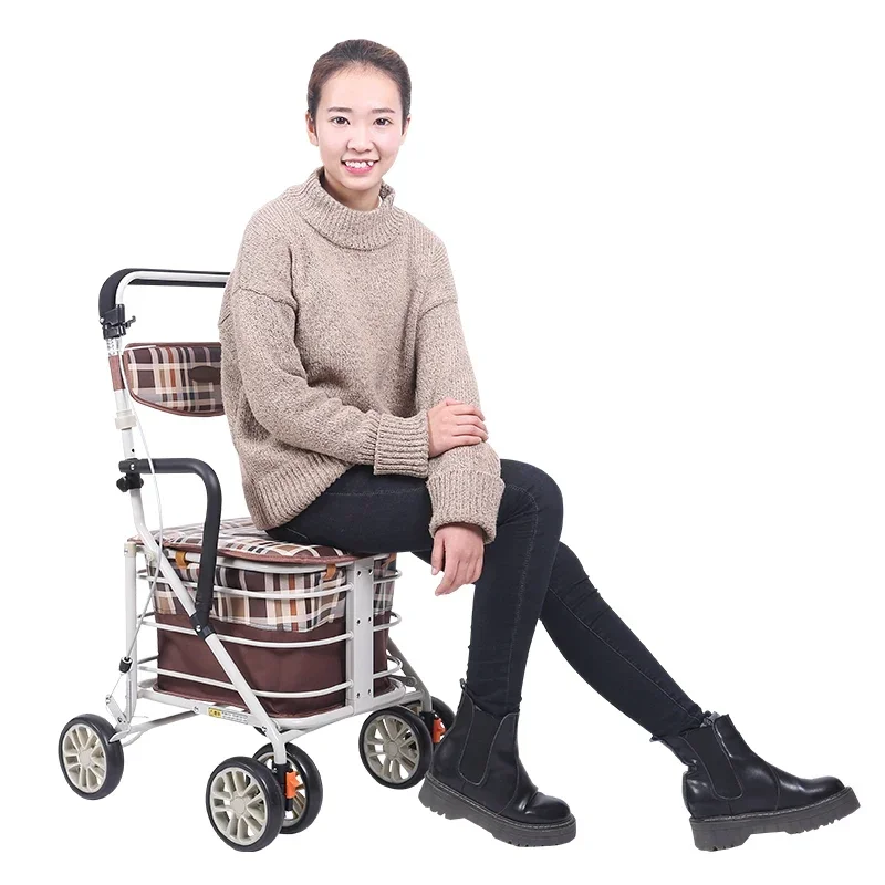 Foldable Walking Trolley  Lightweight FourWheel Mobile Chair Large Capacity Elderly Shopping Aid with Seating Mobility Walker 5