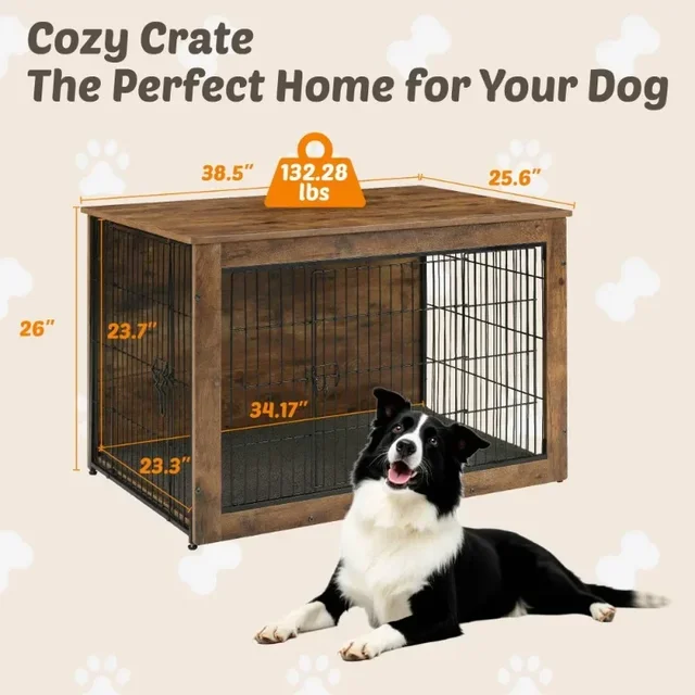 S6c50cb7a5bea4f789896e44b0c019055C.jpg 39 Inch Wooden Dog Kennel Furniture Extra Large Pet Crate End Table Dual Door Brown Heavy Duty Indoor Dog Cage With Cushion