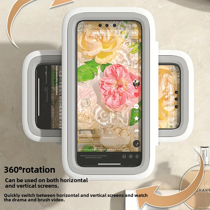 Waterproof Anti-Fog Wall-Mounted Phone Holder 480&deg; Rotation with Suction Cup-Flexible ABS Bathroom Storage Case,Up To 6.8In