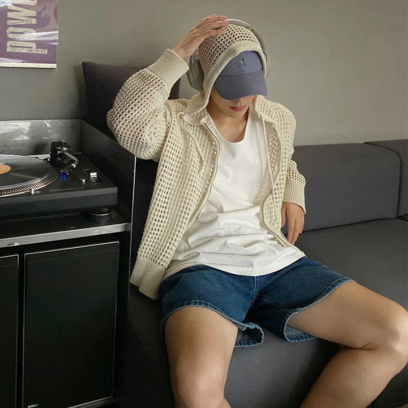 Summer Korean Vintage Zipper Long Sleeve Men Hooded Knitted Pullovers Fashion Harajuku Casual Oversized Coat Couple Clothing Top