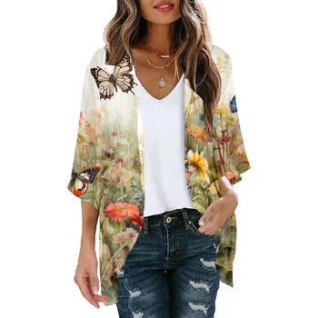 Women Cardigan Sweater For Dress Floral Print Puff Sleeve Kimono Cardigan Loose Cover Up Casual Clothing Sueter Mujer Aesthetic 3