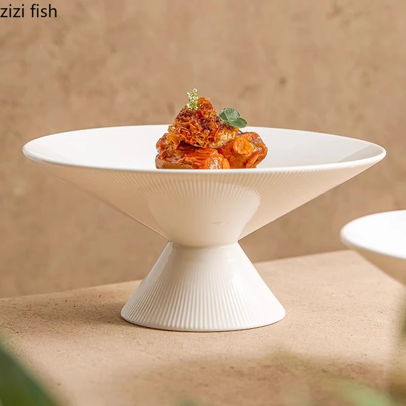 White Ceramic High Footed Plate Serving Dish Dessert Sushi Plate Pasta Dish Salad Molecular Cuisine Restaurant Tableware