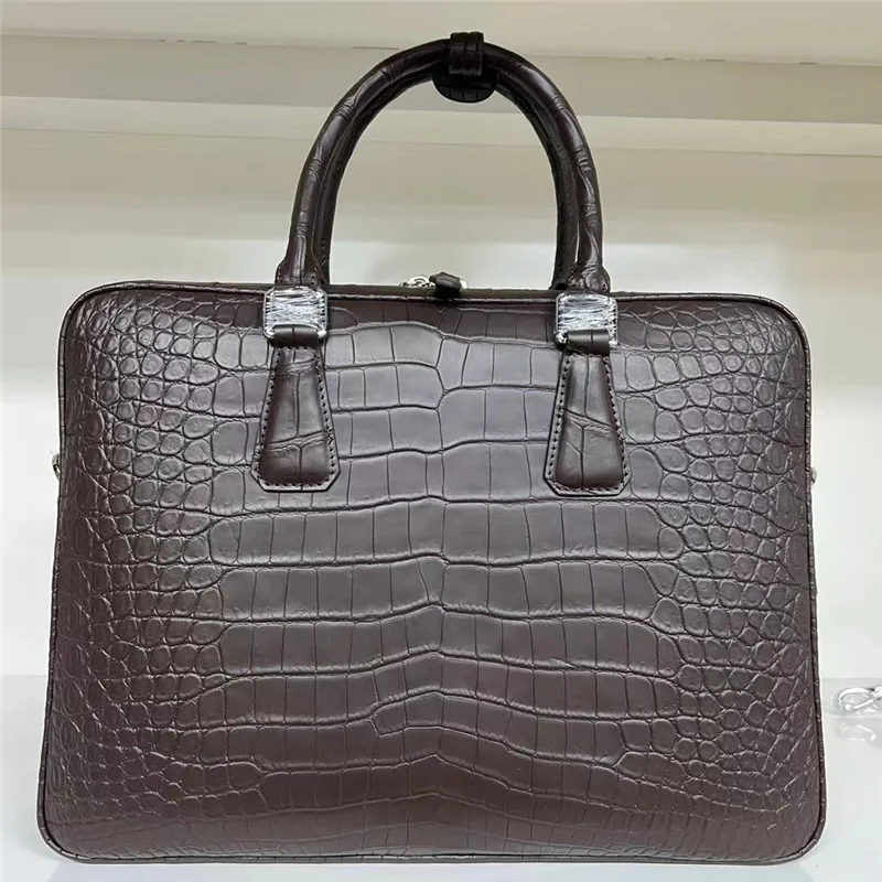 

Authentic Exotic Crocodile Skin Matt Finished Men Dark Brown Briefcase Genuine Alligator Leather Male Large Single Shoulder Bag