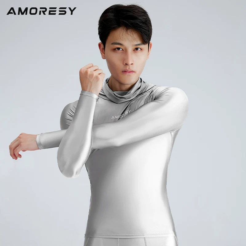 sexy Silk Breathable smooth T-shirt glossy tight surfing sun protection quick drying Hooded top fitness suit Men's swimsuit men swimsuit male swim rash guard