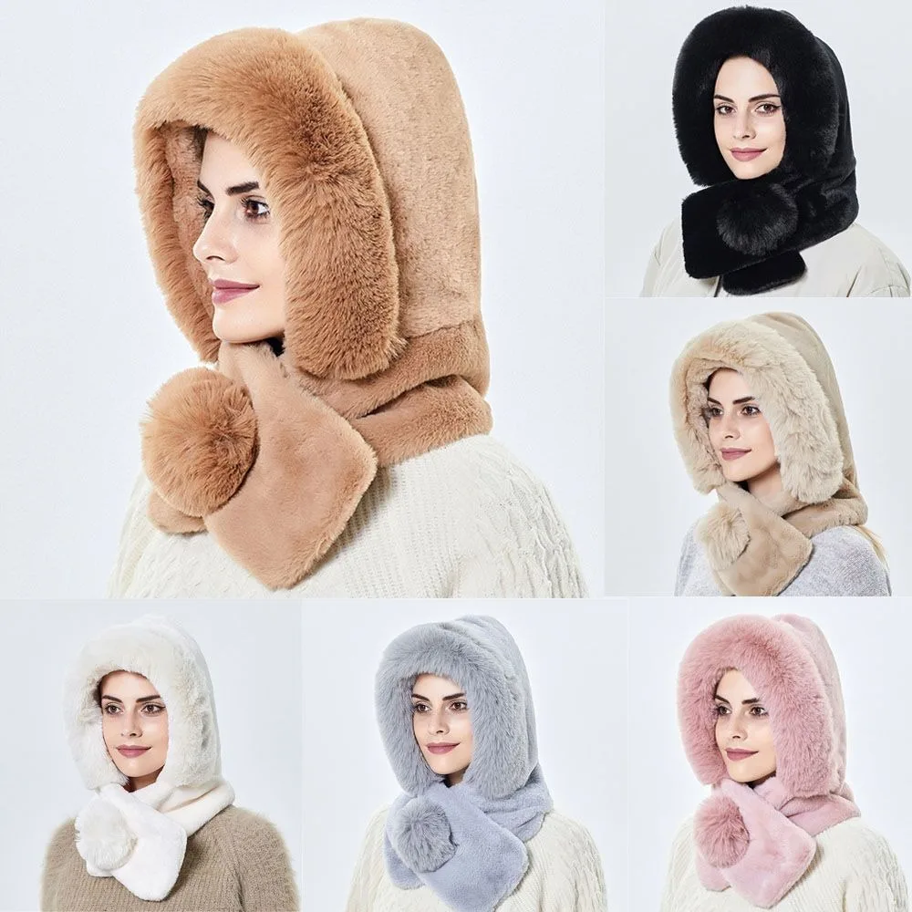 

Windproof Thick Plush Hat New Cold-proof Ear Protection Winter Hat Solid Color Integrated Hat Scarf Outdoor