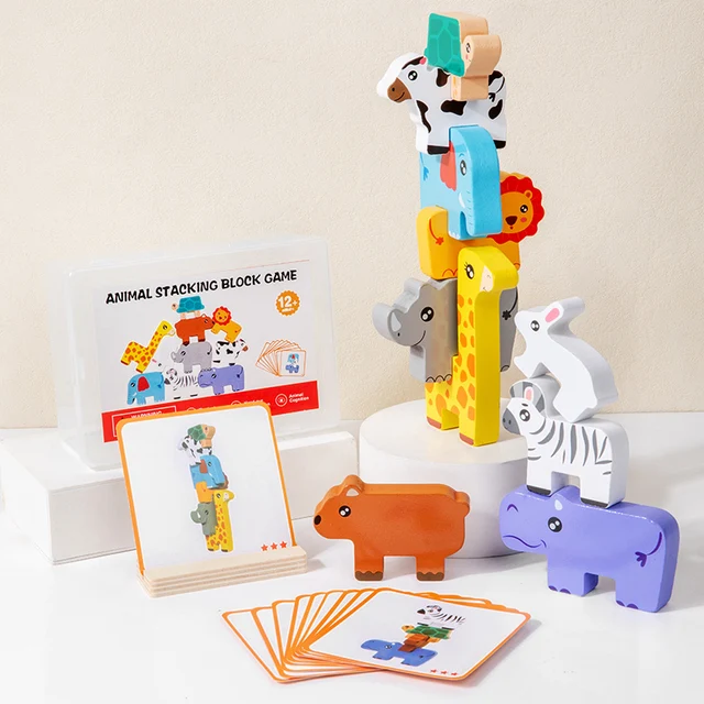 Wooden Animal Stacking Block Game Shape Matching Puzzle Balance Toy Montessori Fine Motor Training Educational Toys For Children 3