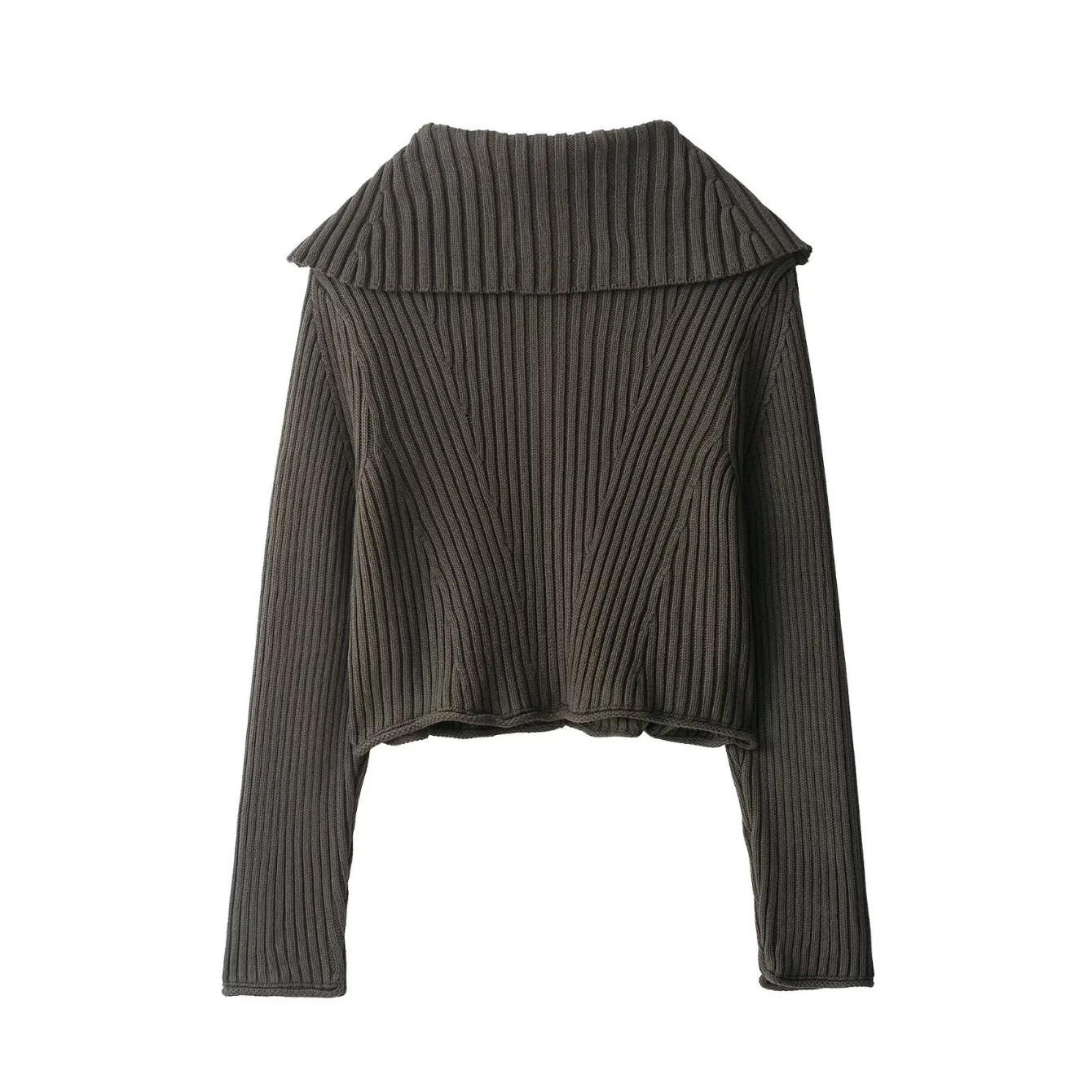 2025 Autumn Knitted Cardigan Woman Ribbed Collar Long Sleeved Slim Fit Sweaters Ladies Green Cardigans For Women Knitwears Coat