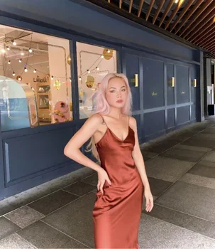 Elegant women's fashion silk satin texture MIDI dress sexy backless party slip dress 6