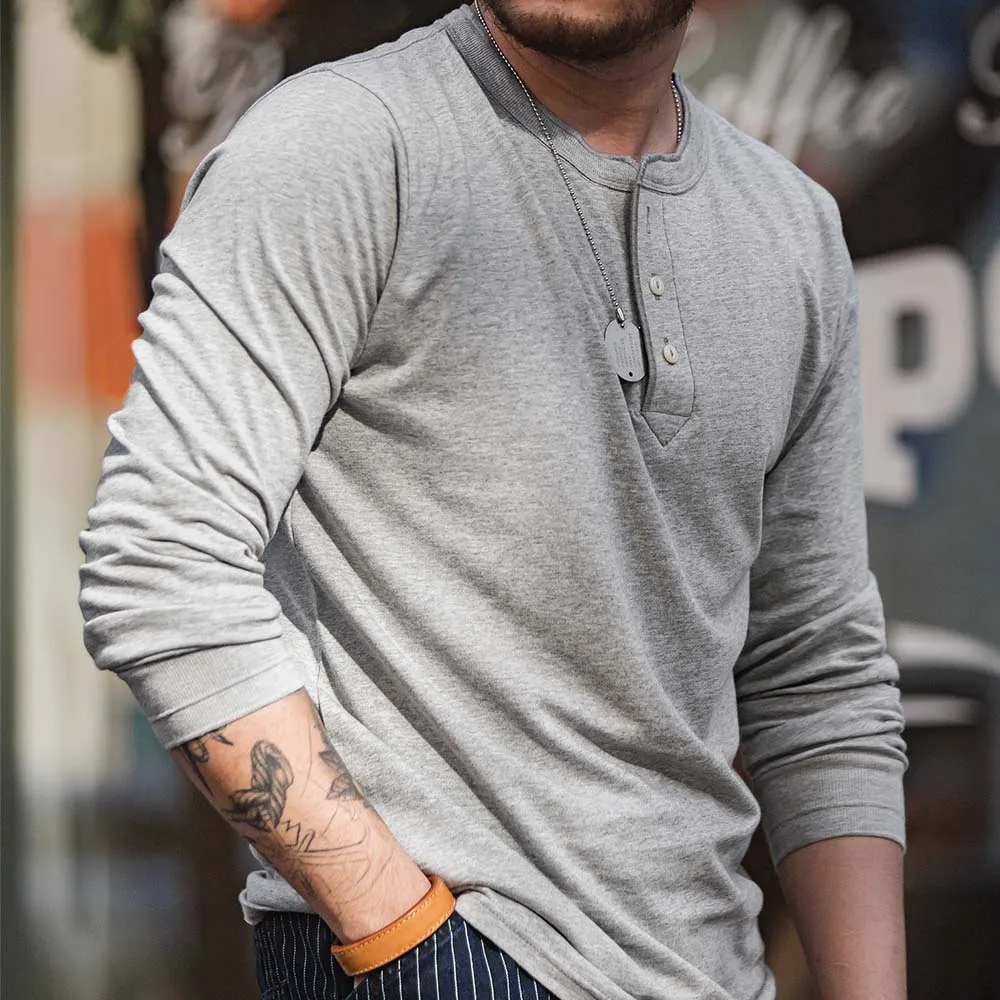 Maden Long-sleeved Henley Shirt for Men Three-button Classic