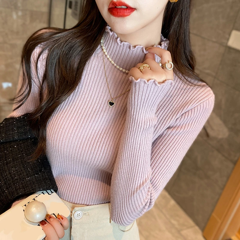 Fungus Edge Semi-turtleneck Women's Long-sleeved Sweater New Fashion Autumn and Winter Solid Color Thin Bottoming Shirt
