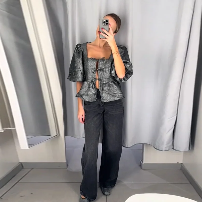 Elegant Square Collar Crop Blouses Women Lace Up Puff Short Sleeve Shirts 2025 Spring Summer Lady All-match Hollow Out Tops New
