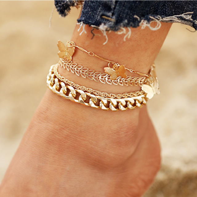 Bohemian Multilayer Gold Color Anklet Bracelet On The Leg For Women Fashion Female Anklets Barefoot Leg Chain Beach Jewelry