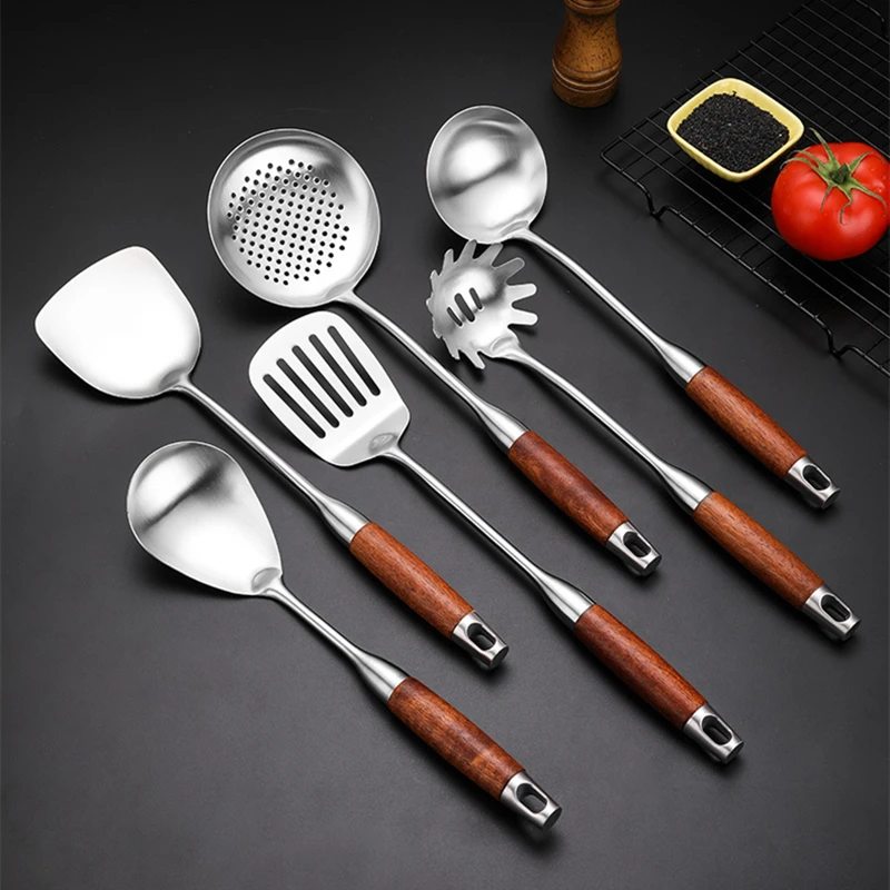 Thickened Stainless Steel Wooden Handle Spatula Soup Cooking Frying Shovel Anti-Scald Colander Integrated Kitchen Utensils