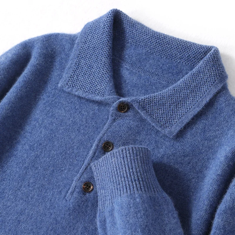 Men's 100%  Wool Sweater Winter New Lapel Long Sleeved POLO Dweater Loose Solid Color Sweater Casual Knit Bottom Top