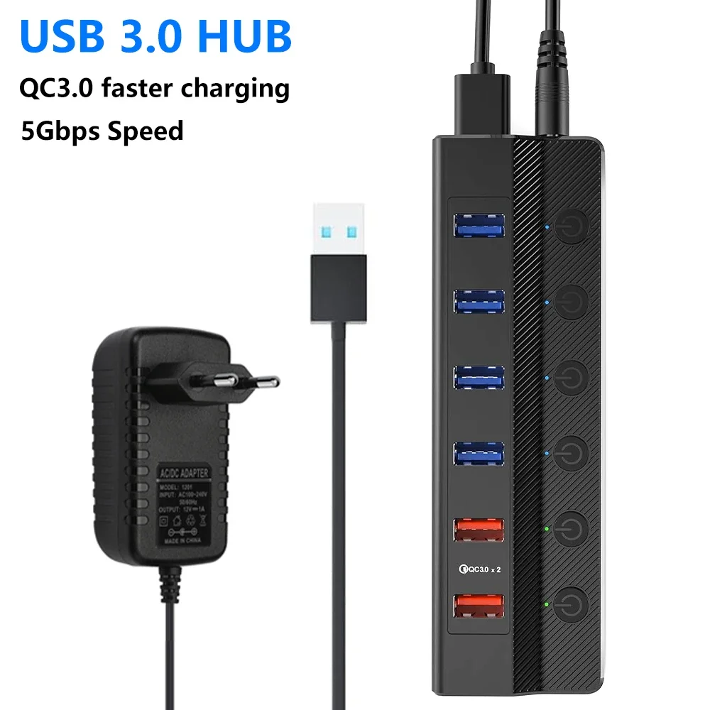 

Usb-концентратор 3,0 с источником питания, USB-порт Usb 3,0, 7, 10 портов, QC, быстрая зарядка, аксессуары для ноутбуков