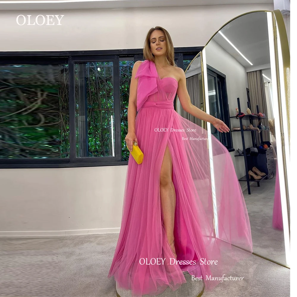

OLOEY Pink Tulle A Line Prom Dresses Arabic Women Bow Shoulder Split Evening Gowns Formal Party Dress Vestido de fiesta