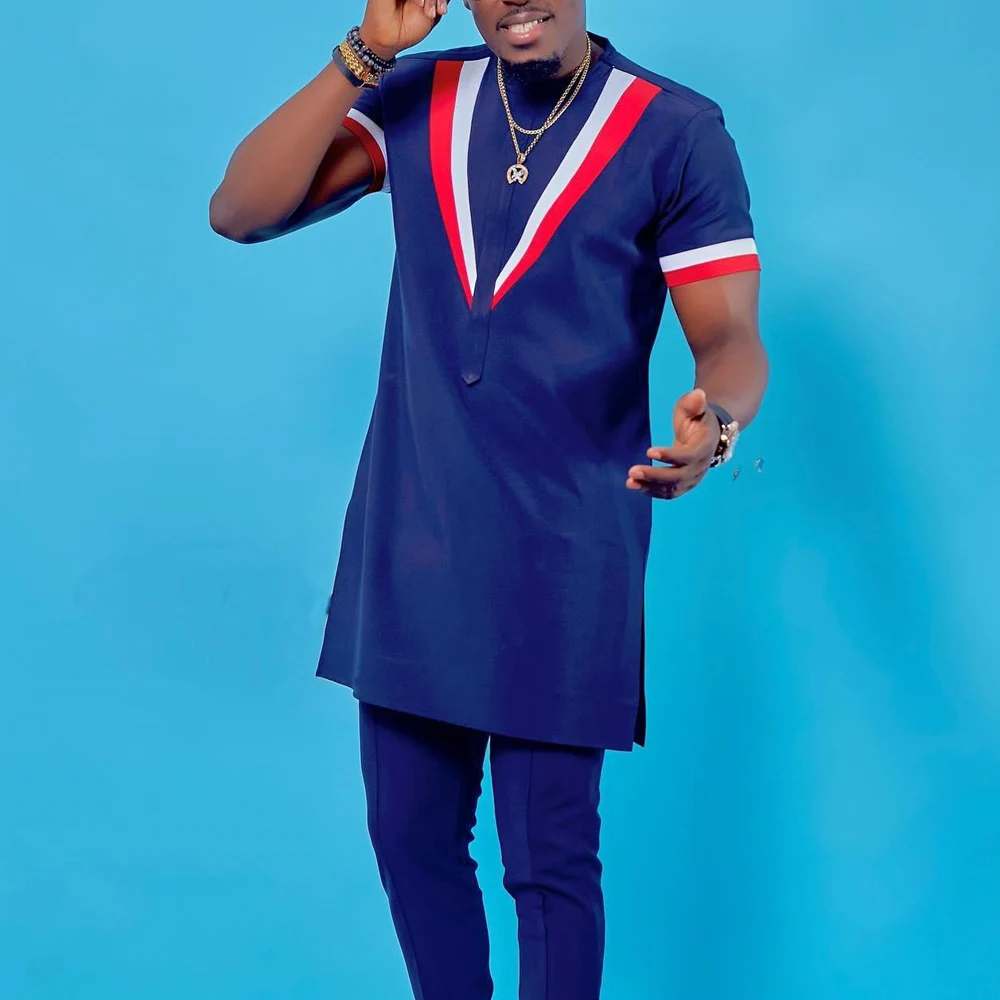 Summer New African Men's Short Sleeve Suit Solid Color Stitching Shirt and Casual Pants 2 Piece Set Party Marriage Men's Set