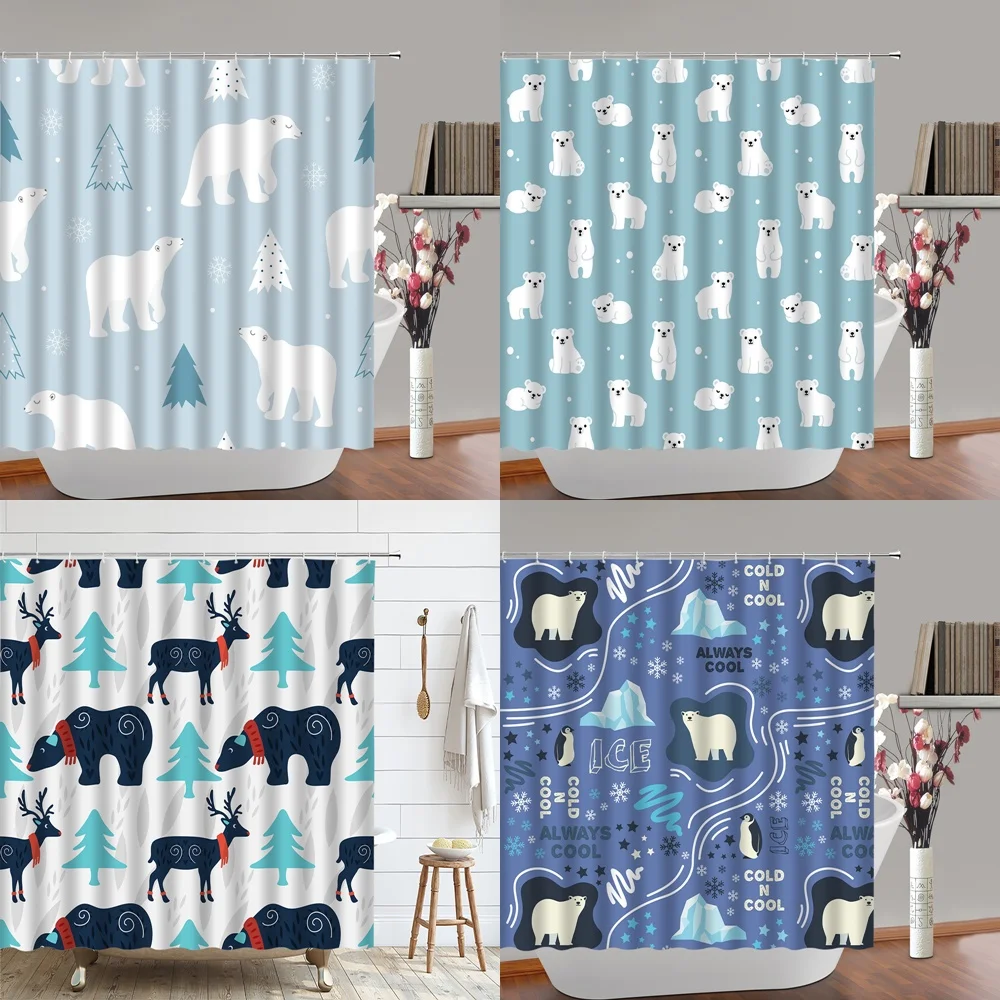 Cute Cartoon Polar Bears Shower Curtain Elk Deer Penguin Animal Fabric Kids Girl Bathroom Decor Curtains Screen Sets with Hooks cute digital alarm clock children sleep trainer clock with facial expression led display screen 2 sets of alarm clock snooze function bedroom living room study room office