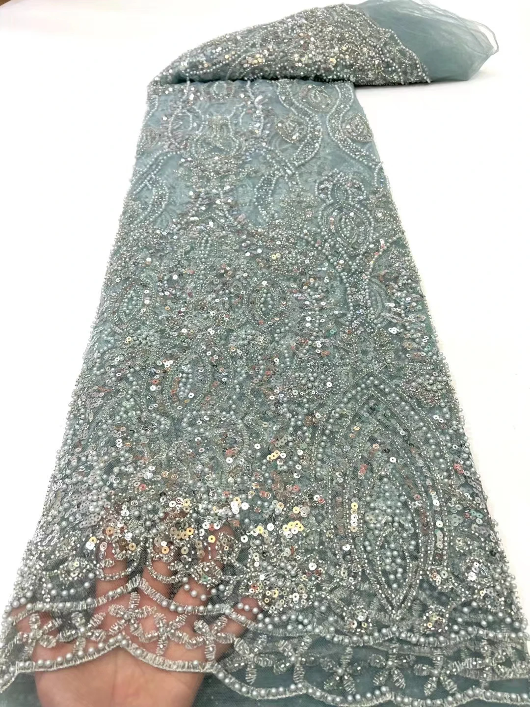 

SJ Lace African Lace Fabric 2022 High Quality Lace With Sequins Beaded Lace French Lace Fabric For Wedding Party Sewing xc10-3