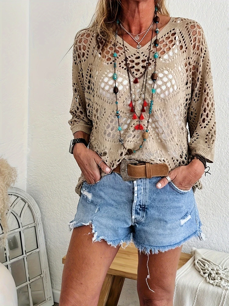 Fashionable and elegant large perforated top, women's hollow knit sweater, versatile sweater 3