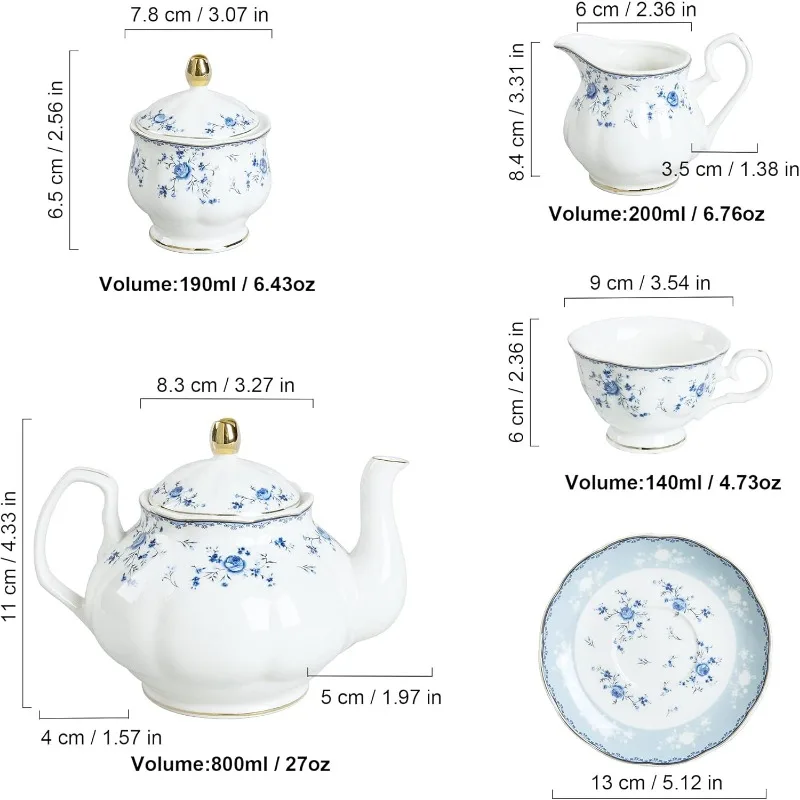 Porcelain Tea Set, British Floral Teapot with Tea Cups, Women Party Set for 6