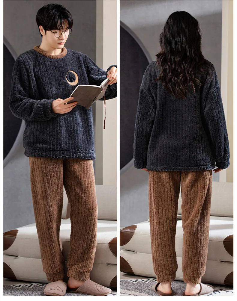 Yasuk Winter Fashion Women's Men Casual Warm Soft Sleepwear Pajamas With Pants Velvet Jacquard Fleecel Thick Moon Couple Unisex