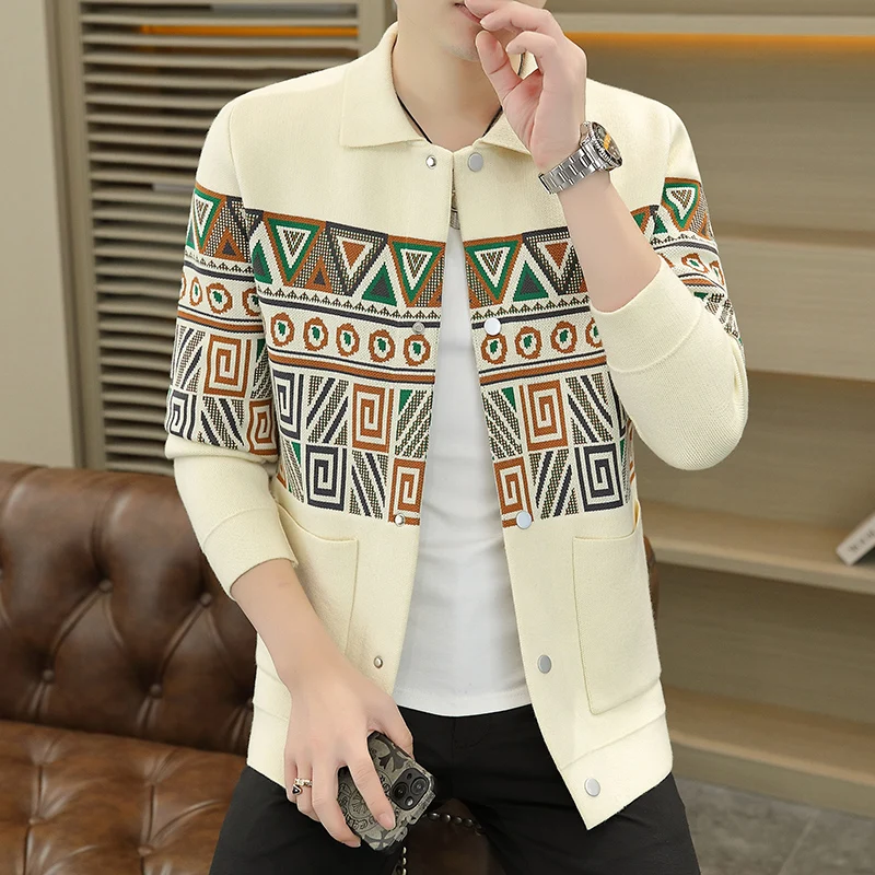 

The new college style casual slim men's geometric graphics cardigan trend fashion men's lapel cardigan more youthful vitality.