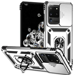 Silde Lens Armor Shockproof Magnetic Phone Case with Car Holder Ring and Enhanced Protection for Samsung S20 (Silver)