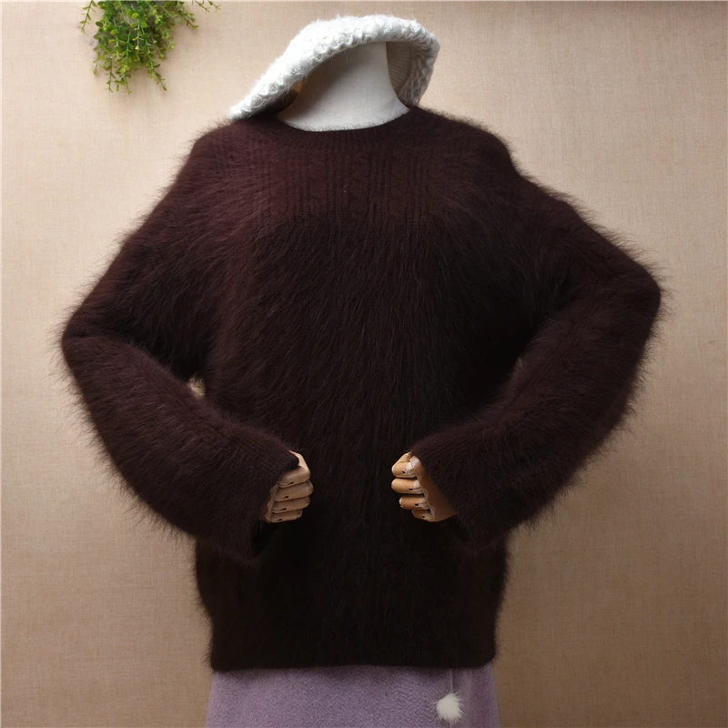 

04 Female Women Fall Winter Clothing Hairy Angora Rabbit Fur Knitted Long Sleeves Striped O-Neck Loose Pullover Sweater Jumper