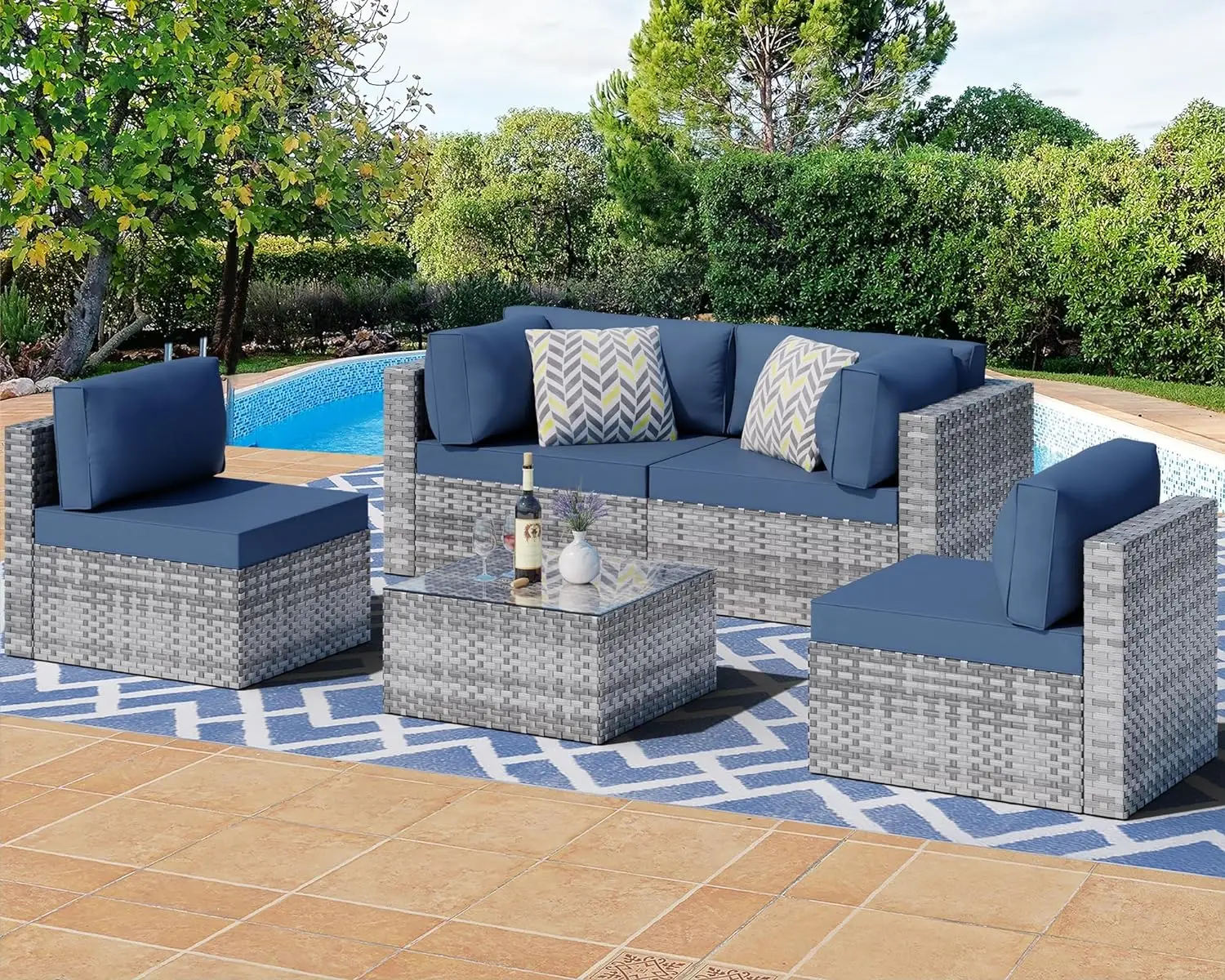 

5 Pieces Outdoor Patio Sectional Sofa Couch, Silver Gray PE Wicker Furniture Conversation Sets with Washable Cushions