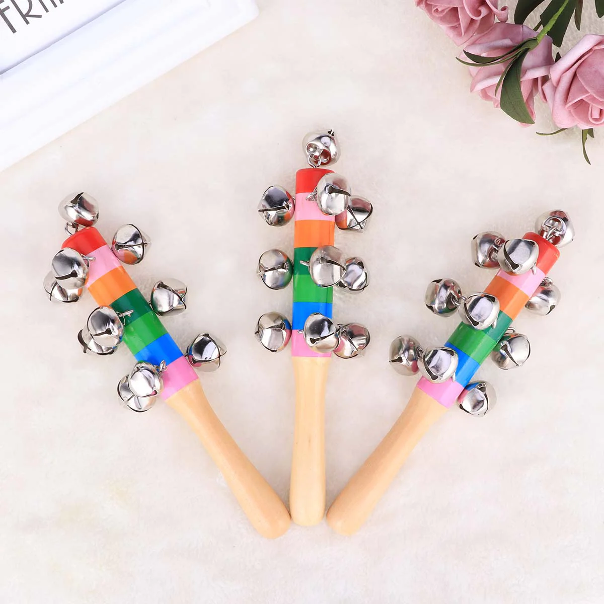 Handle Bell Vocal Rainbow Vertical Bell Educational Toys Jingle Bell Wood Handle Jingle Bells Children Musical  Bell Instrument